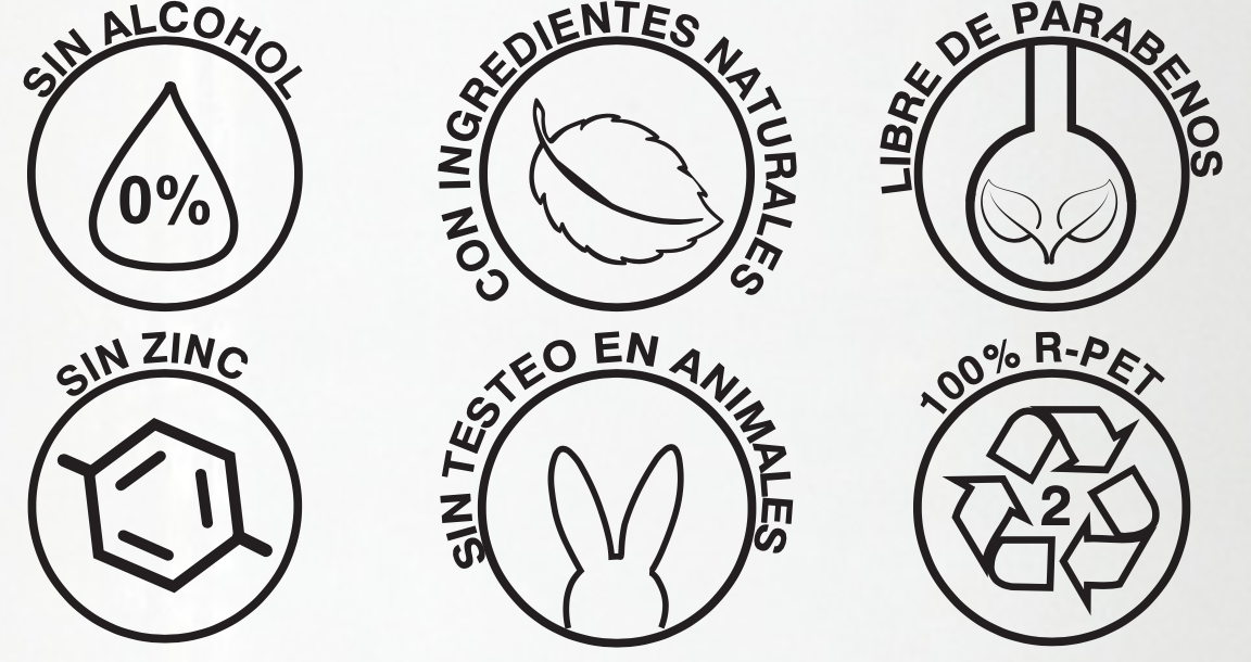 Sellos ZIN: sin alcohol, ingredientes naturales, libre de parabenos, sin zinc, sin testeo en animales, 100% R-PET